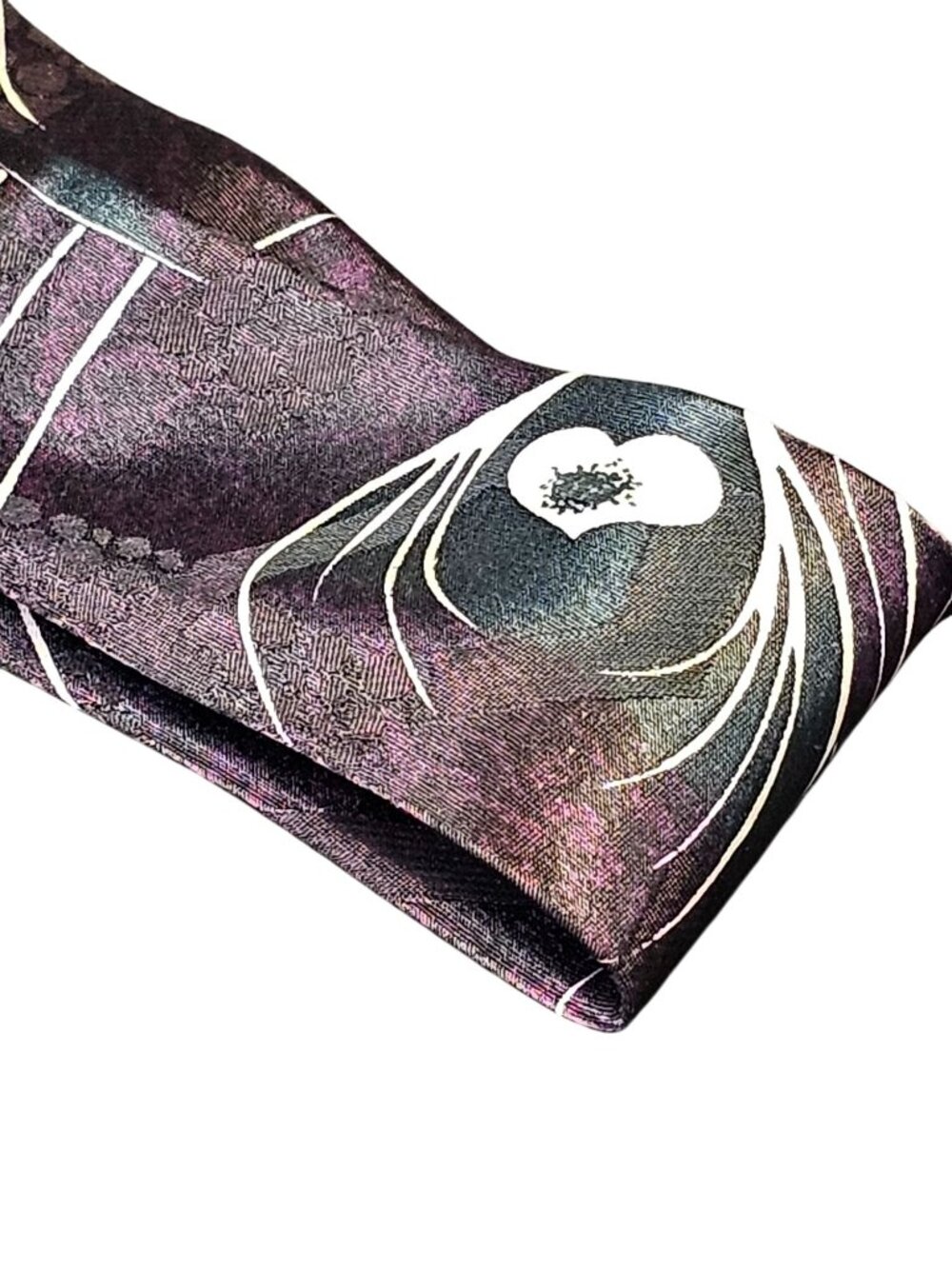 Vintage Bossanoba Silk Tie With Purple & Cream Abstract Floral and Heart Design - Picture 4 of 10